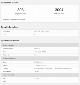 新款三星Galaxy S20 FE 4G表面上GeekBench有Snapdragon 865