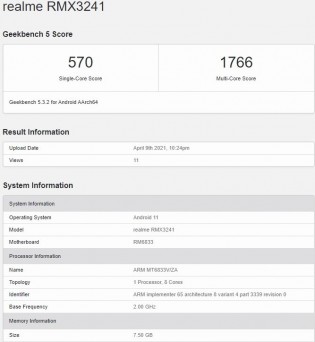 Realme 8 5G的钥匙规格透露了GeekBench