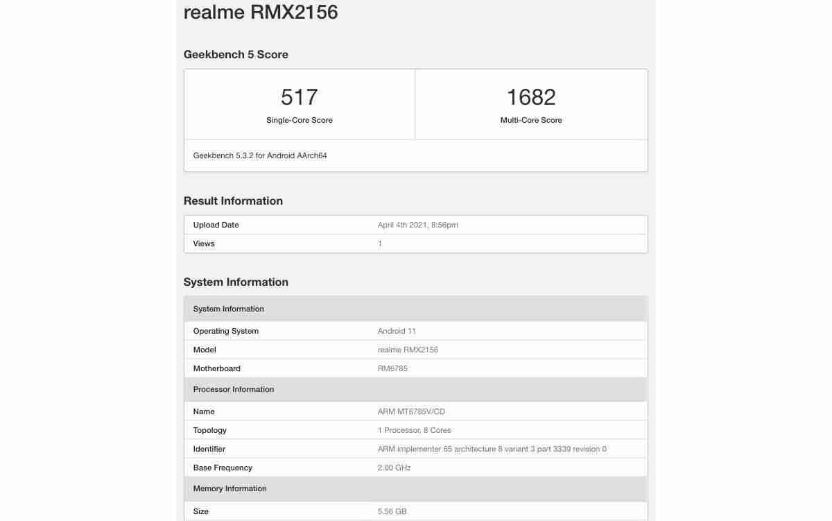 Realme Narzo 30通过Geekbench与Heario G95的Geekbench乘坐